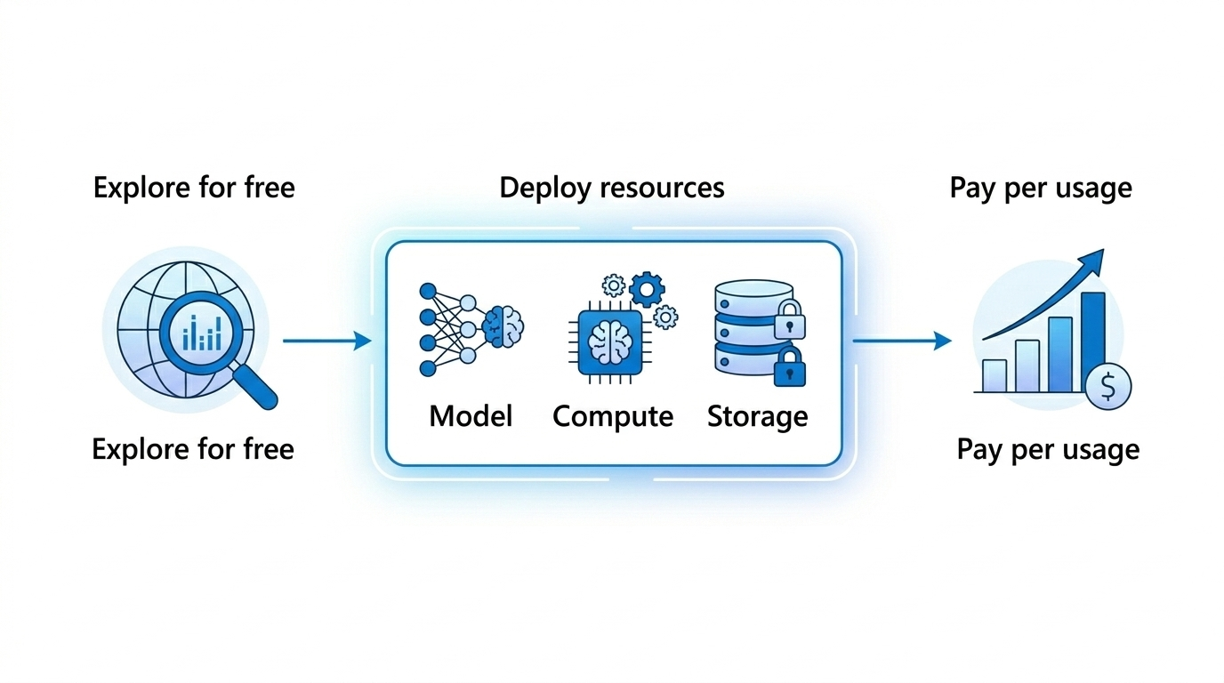 Microsoft AI Foundry flow from exploration to deploying resources and operating on a pay-per-usage basis
