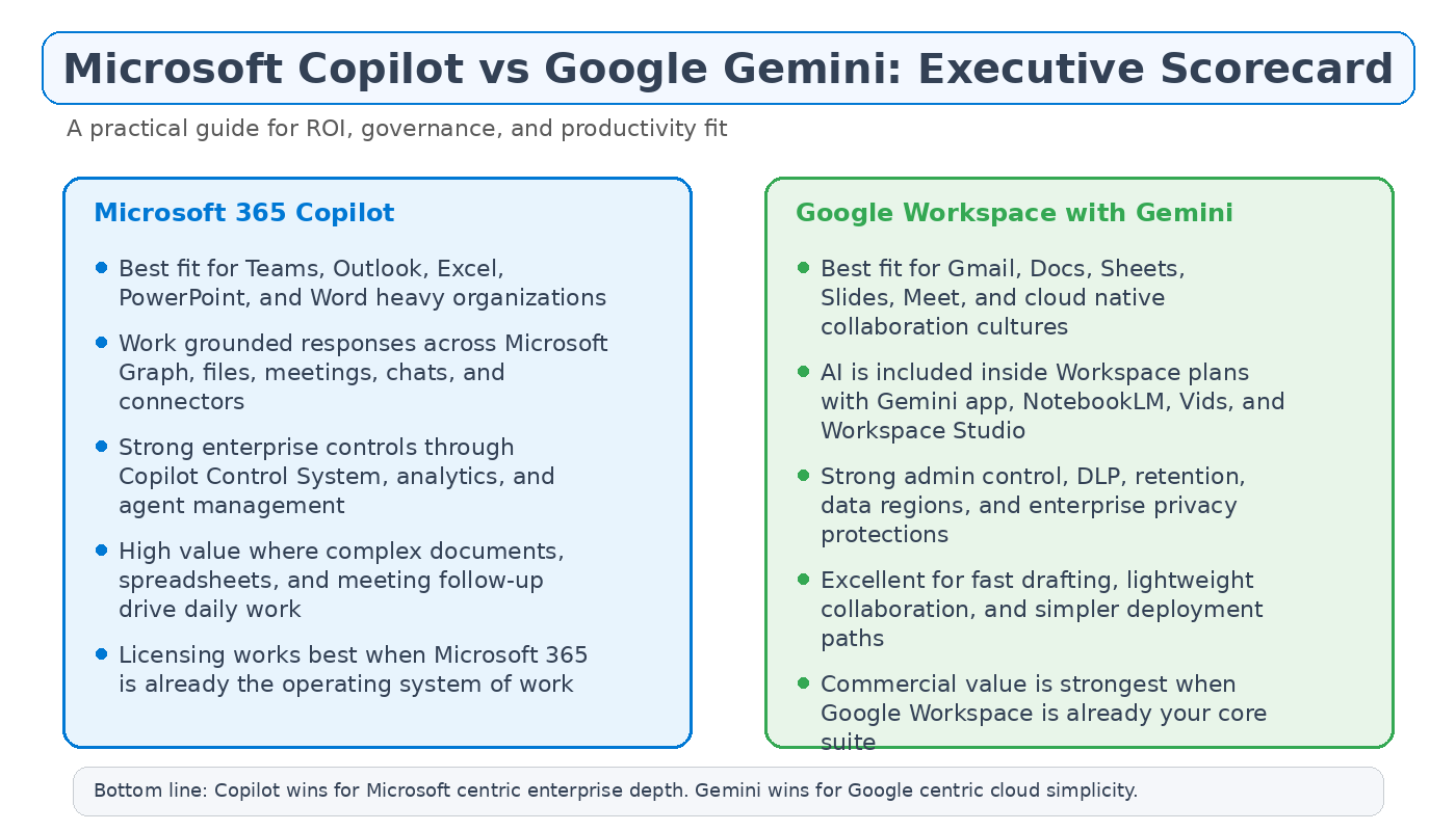 Microsoft Copilot vs Google Gemini executive scorecard comparison