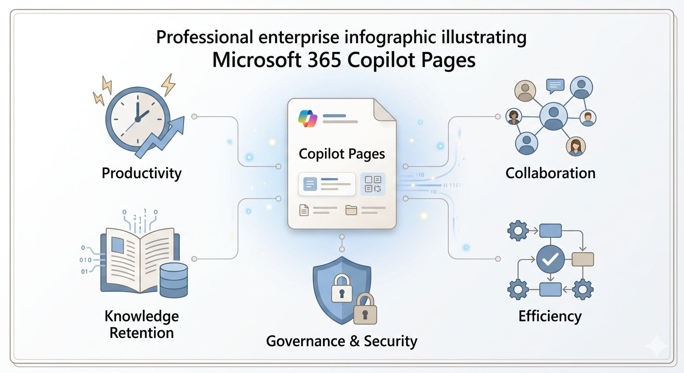 Microsoft 365 Copilot Pages business value showing AI collaboration, team productivity, and knowledge retention benefits