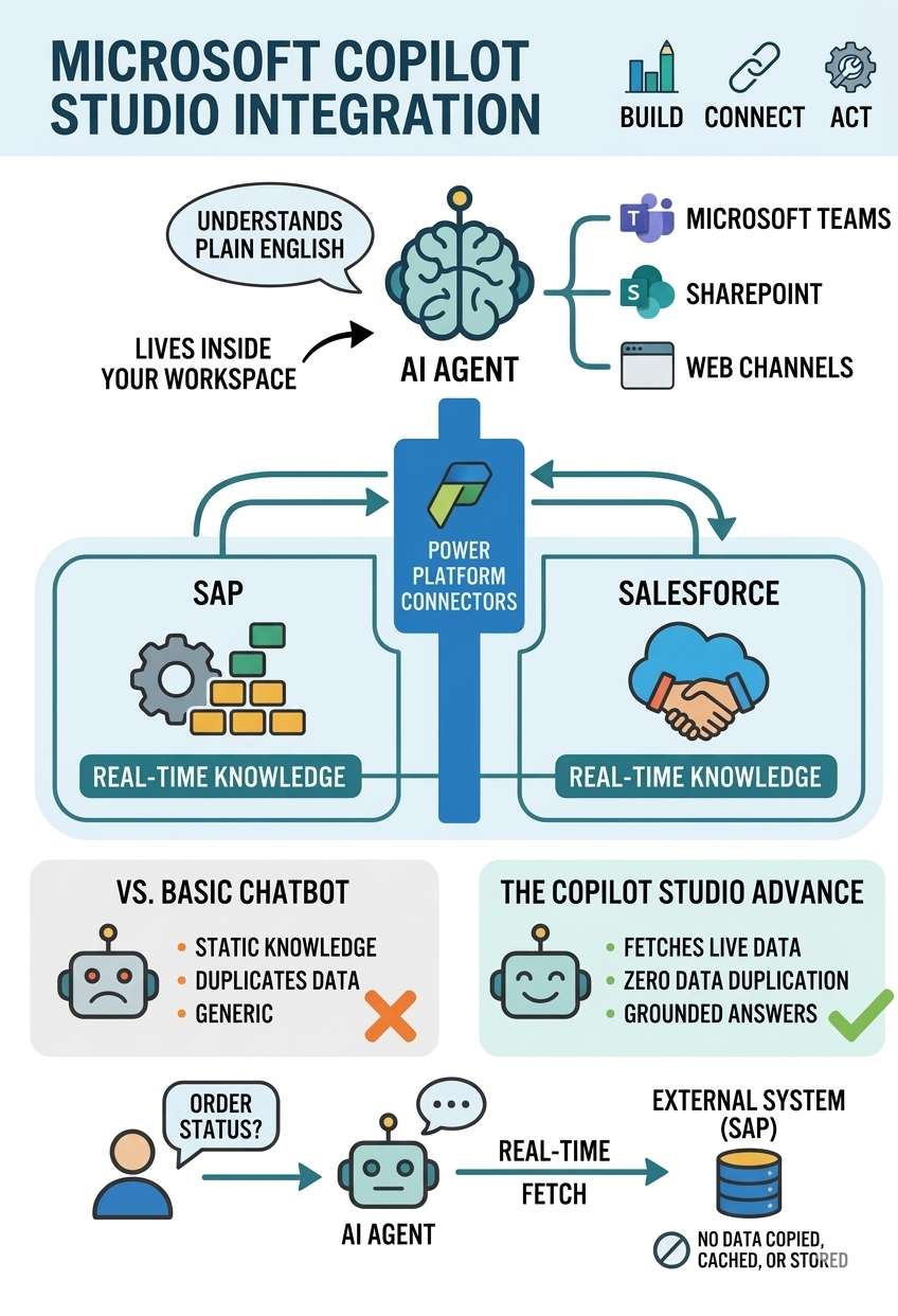 Copilot Studio enterprise integration rollout showing connector build, validation, and scale phases
