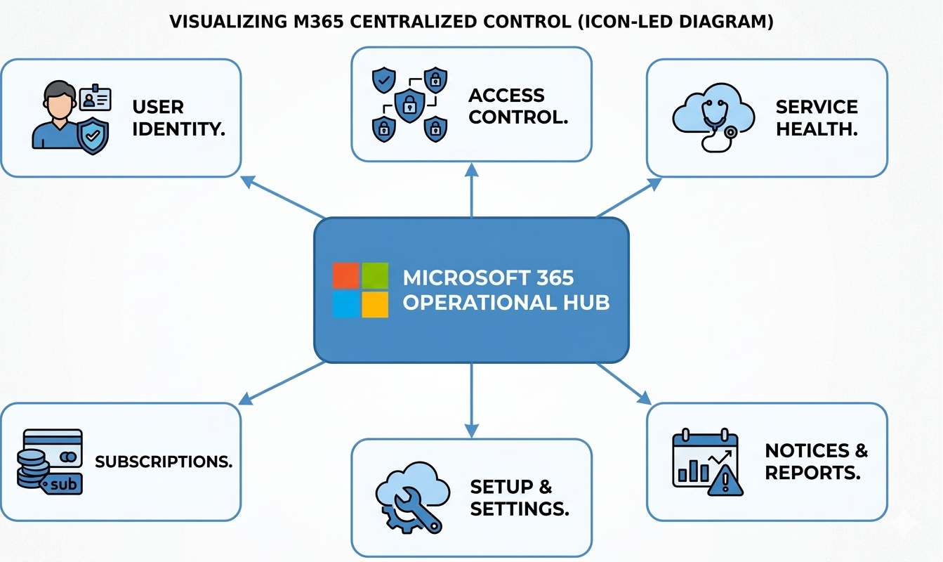 Microsoft 365 operational hub showing identity, access control, service health, subscriptions, setup settings, and notices