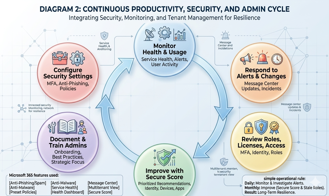 Continuous Microsoft 365 admin cycle linking security configuration, health monitoring, incident response, role review, secure score improvement, and admin training