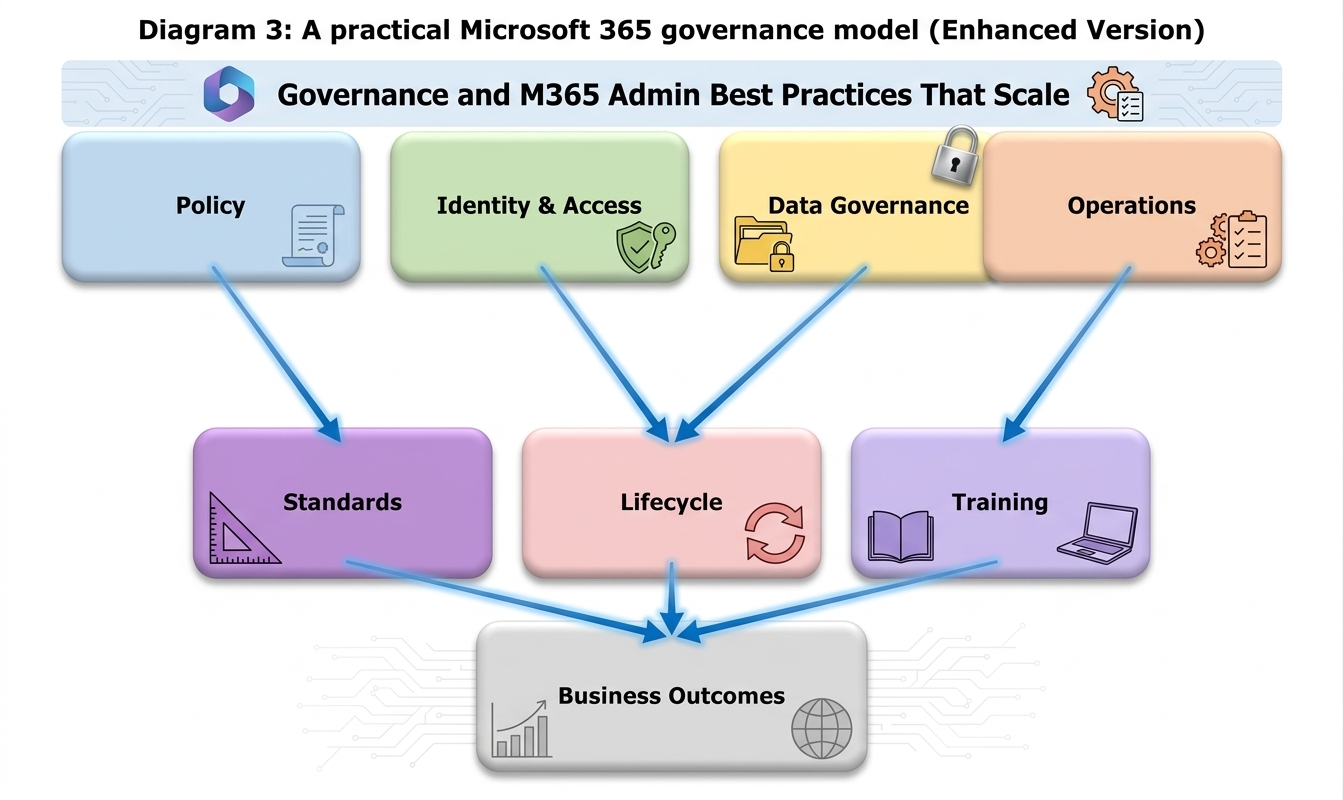 Microsoft 365 governance model connecting policy, identity and access, data governance, and operations to standards, lifecycle, training, and business outcomes