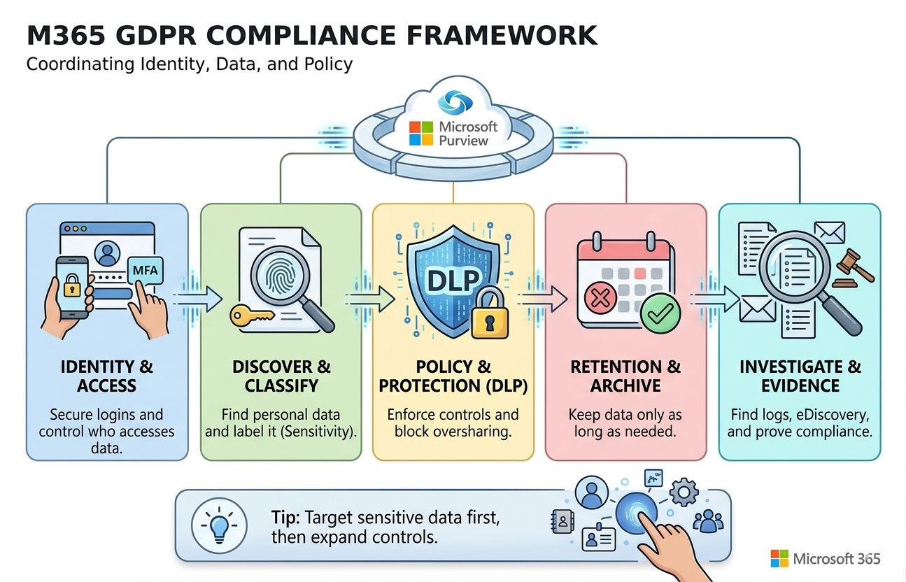 Collaboration guardrails for Teams, SharePoint, and OneDrive using labels, DLP, retention, and access governance