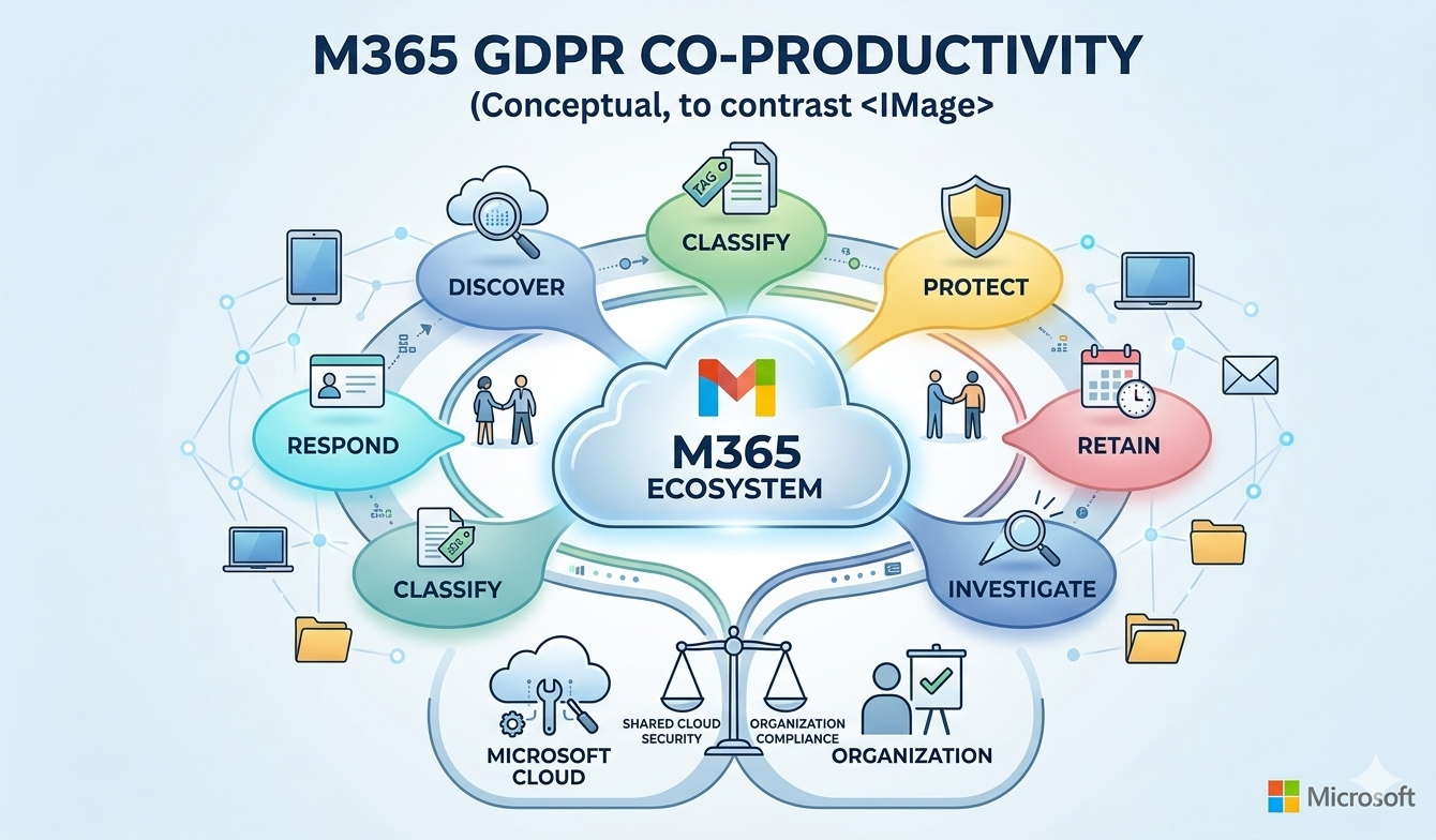 Microsoft 365 GDPR compliance workflow across discovery, classification, protection, retention, and response