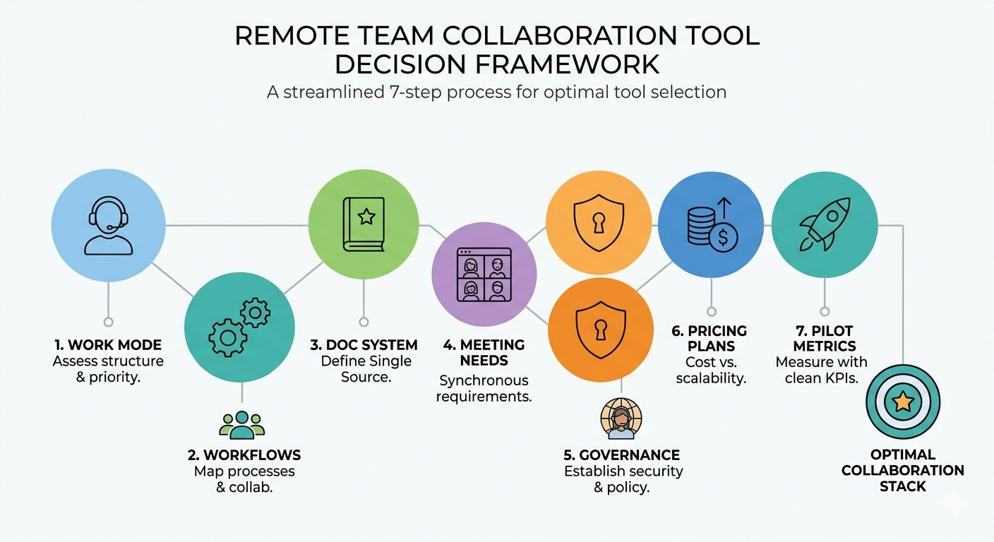 Remote team collaboration decision framework showing a 7-step process from work mode and workflows to governance, pricing, and pilot metrics