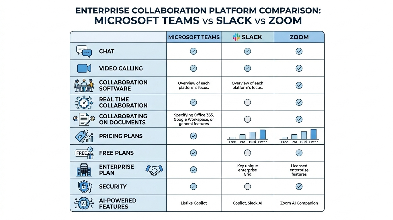 Enterprise collaboration platform comparison matrix for Microsoft Teams, Slack, and Zoom