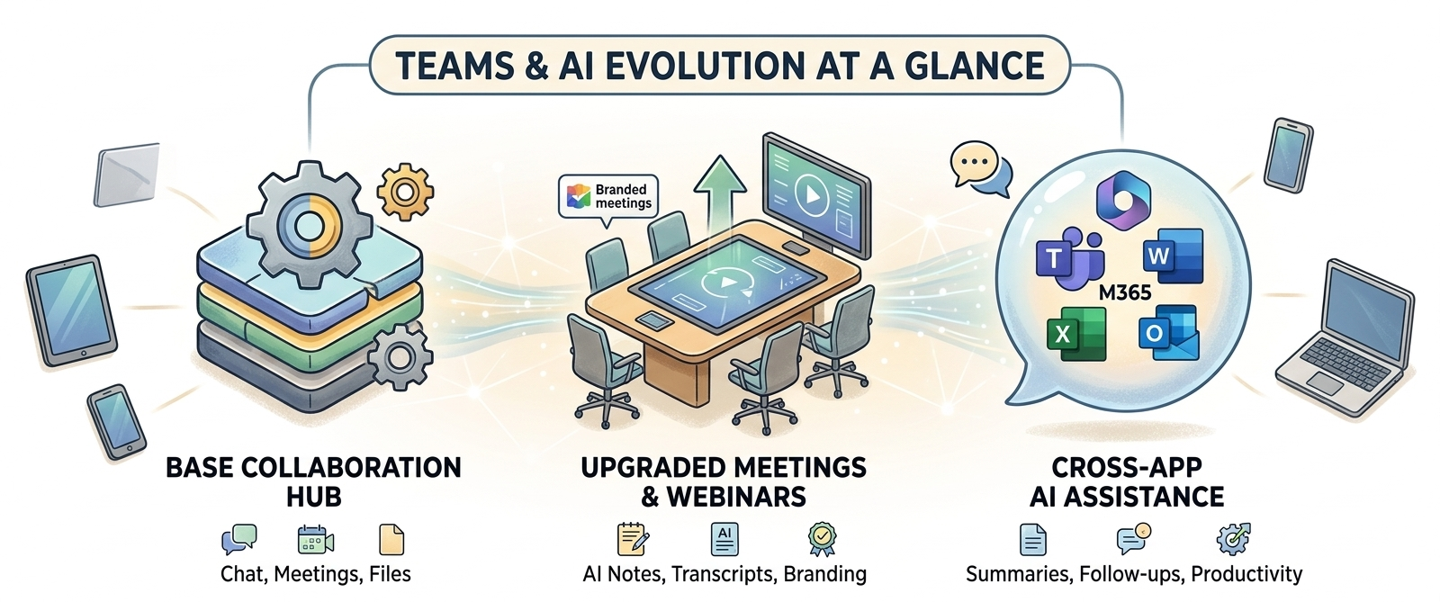 Teams Premium evolution comparison showing collaboration base, upgraded meetings, and cross-app AI assistance