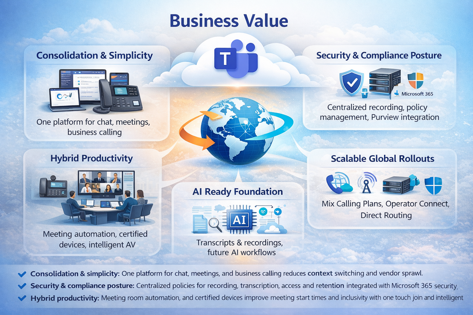 Teams telephony security and compliance controls showing policy-based recording, secure storage, and consent workflows