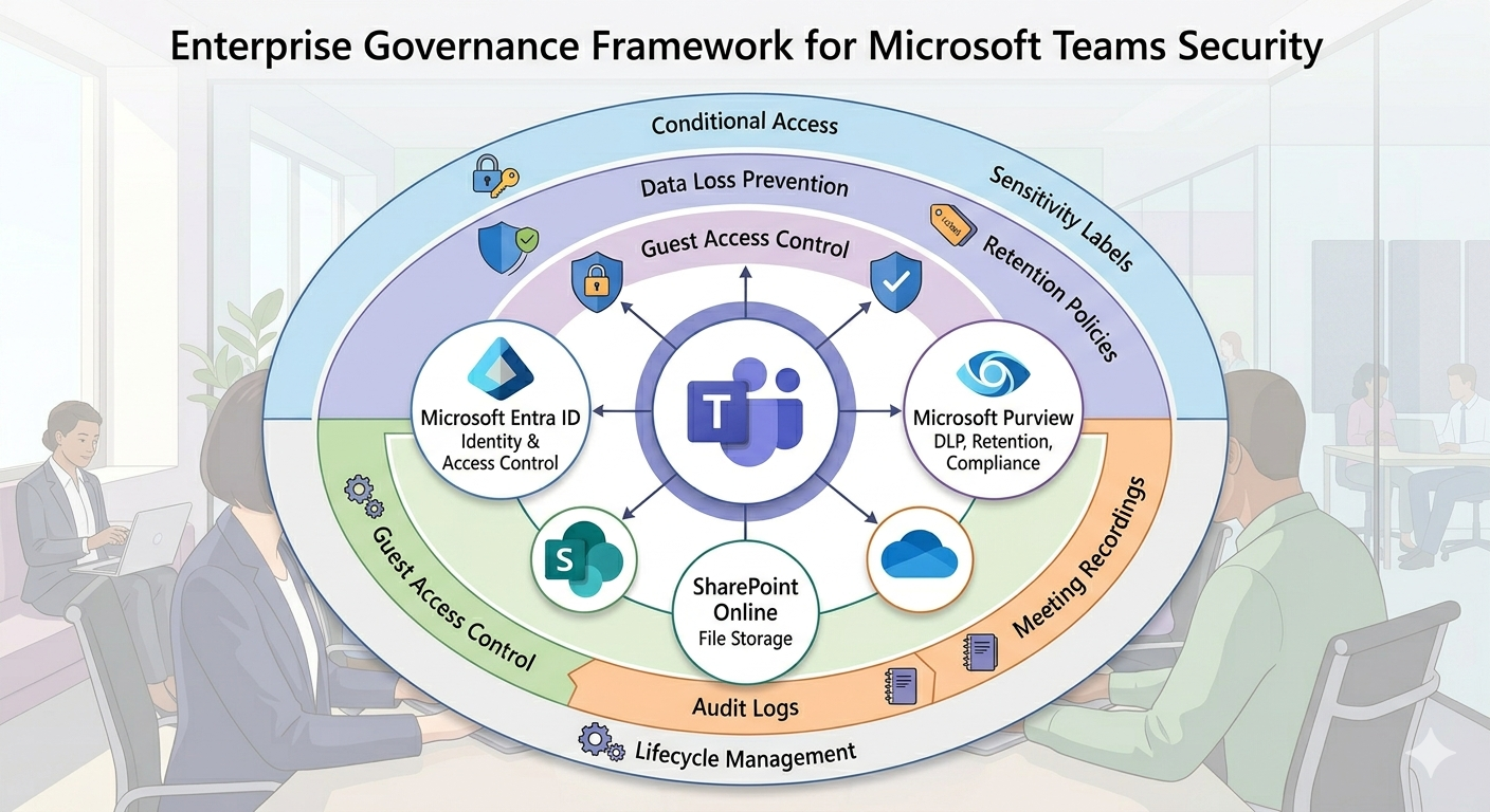 Enterprise governance framework for Microsoft Teams security showing policy, lifecycle, and adoption controls