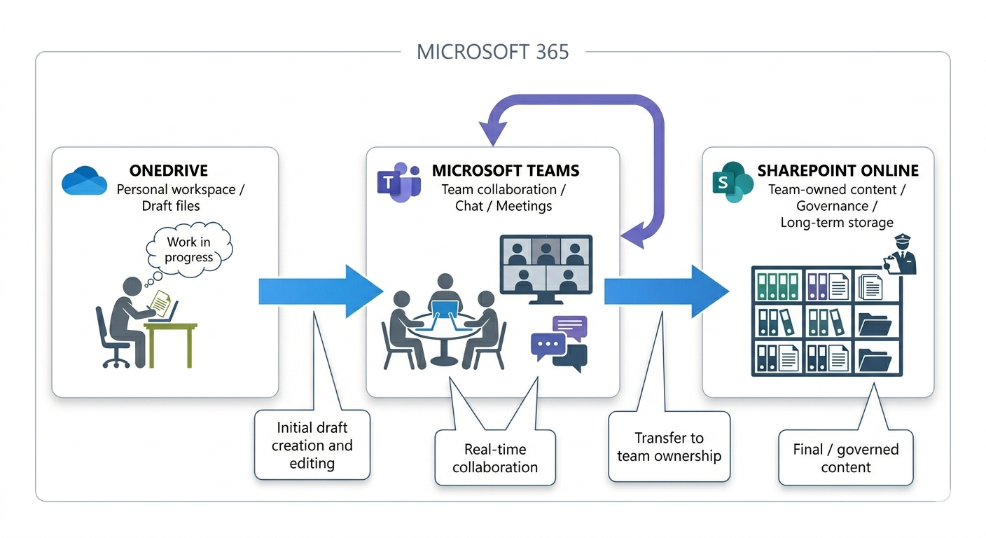 How SharePoint, OneDrive, and Teams work together in a Microsoft 365 collaboration model