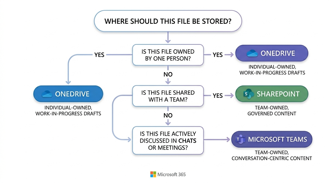 Where should a file be stored decision guide for SharePoint, OneDrive, and Teams