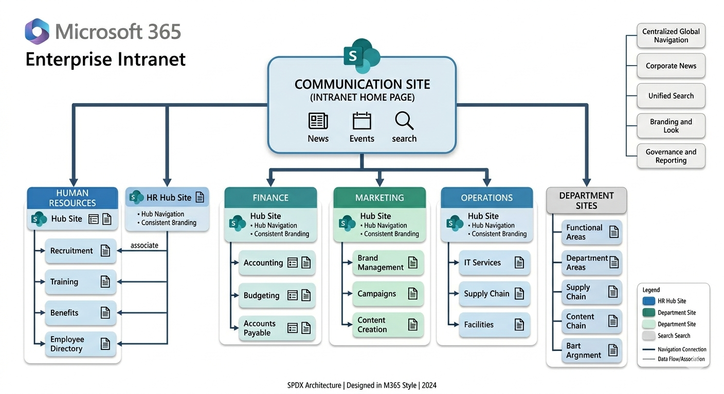 Microsoft 365 enterprise intranet architecture with connected hubs and communication sites