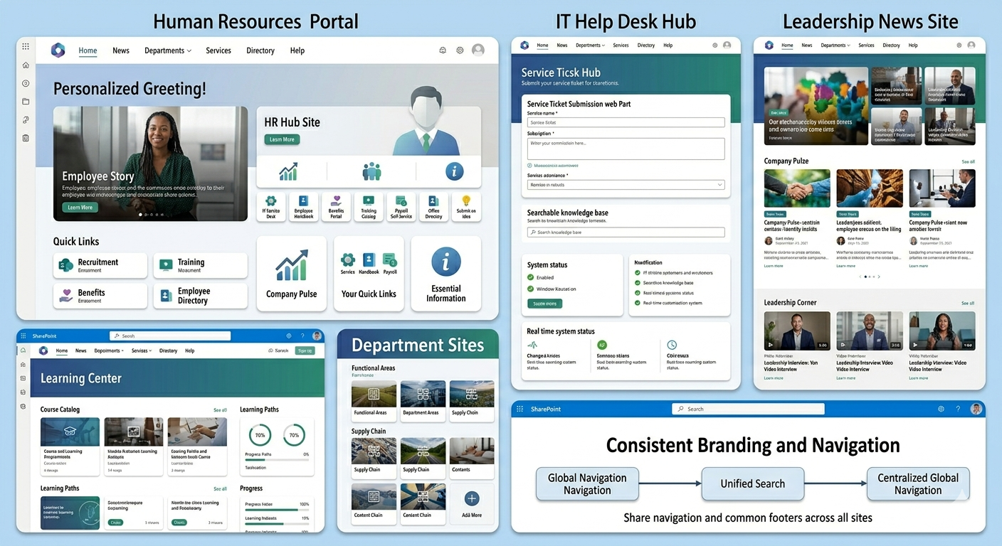 SharePoint intranet examples for HR, IT, leadership, and learning center scenarios