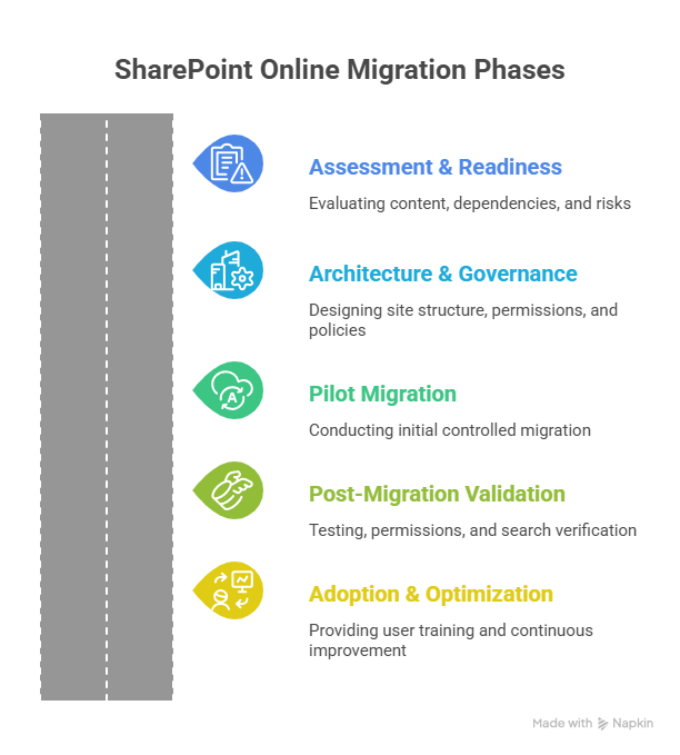 SharePoint Online migration phases showing readiness, architecture, pilot, scale, and validation