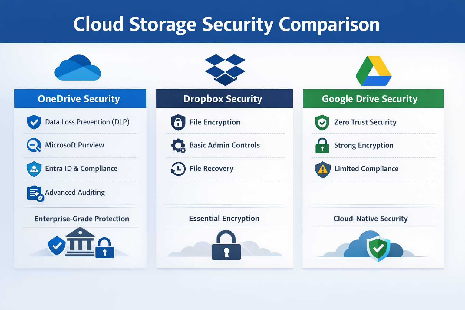 Cloud storage security comparison between OneDrive, Dropbox, and Google Drive