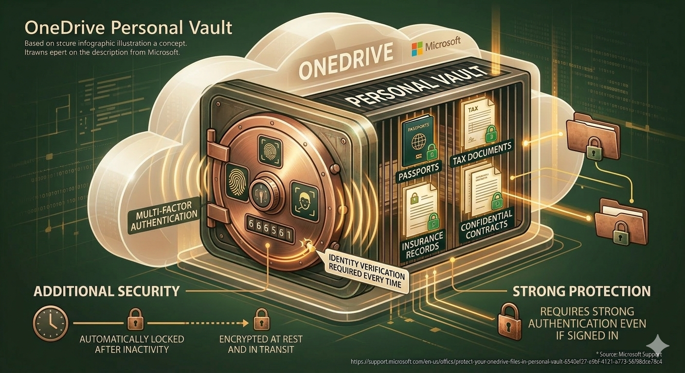 OneDrive Personal Vault security model with additional verification and protected document storage