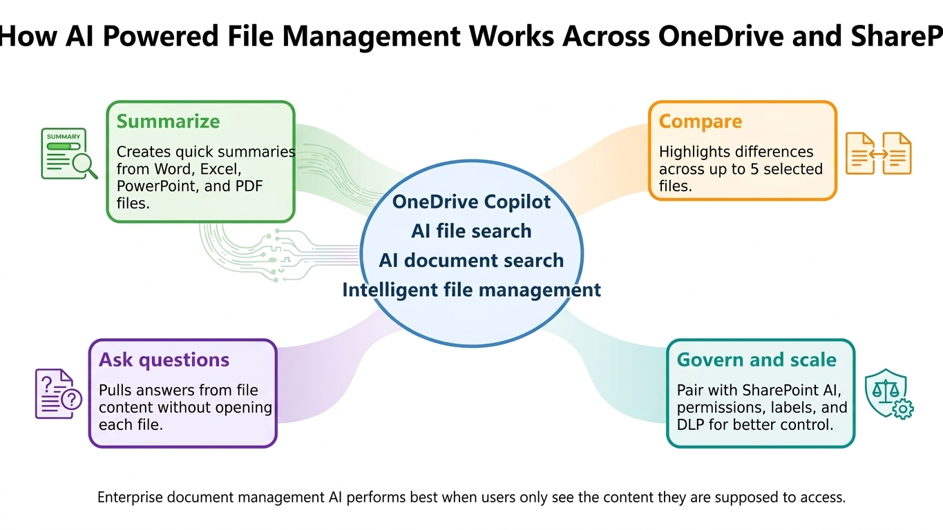 OneDrive Copilot AI feature map showing summarize, compare, ask questions, and governance controls