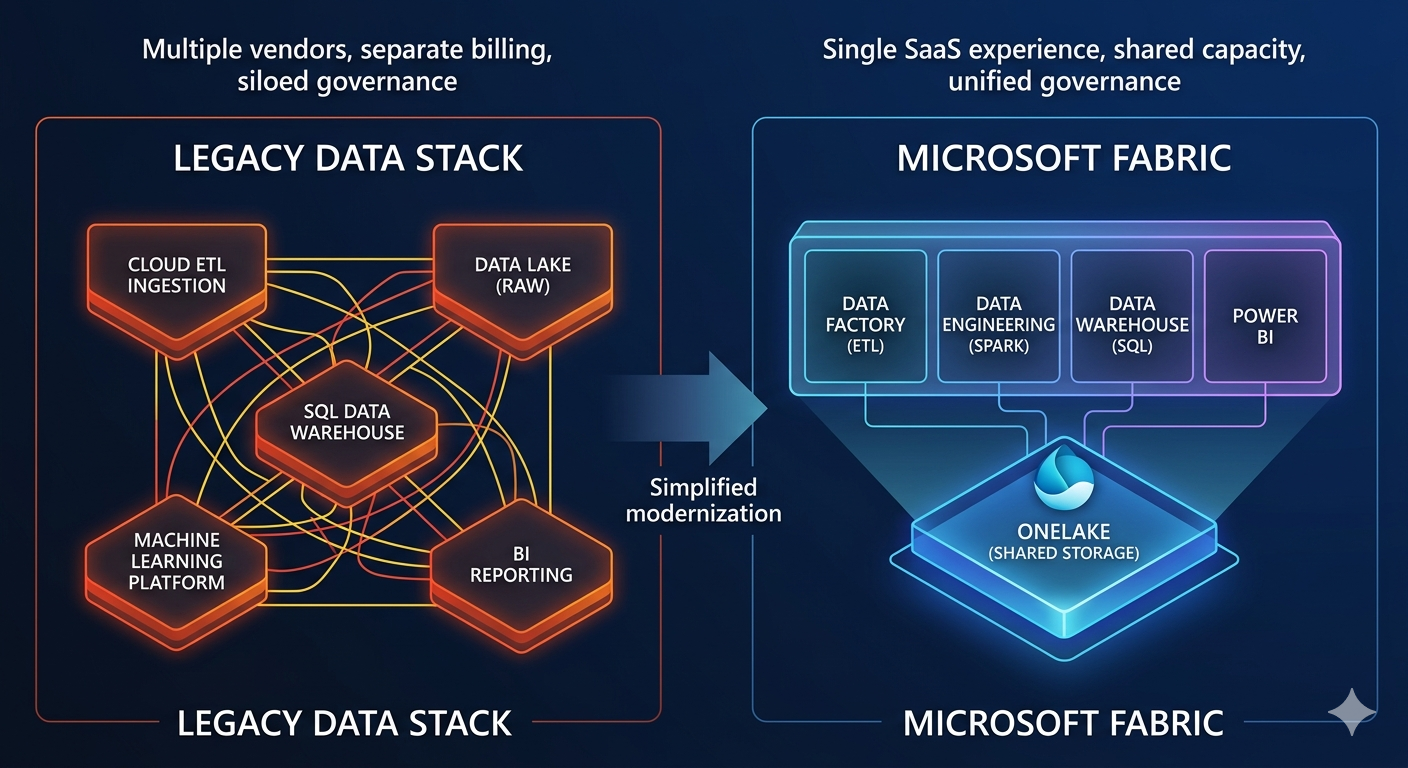 Comparison of a fragmented legacy data stack versus a unified Microsoft Fabric architecture with OneLake