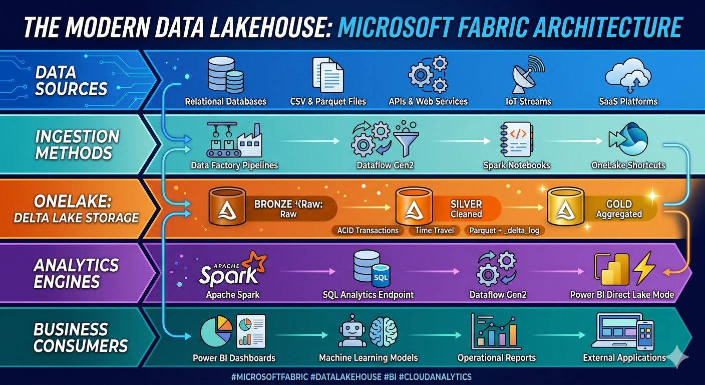 Microsoft Fabric lakehouse architecture showing data sources, ingestion, Delta Lake bronze-silver-gold layers, analytics engines, and business consumers