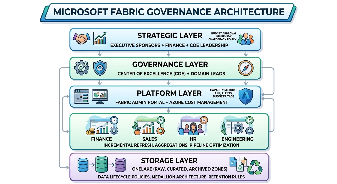 Microsoft Fabric governance architecture with strategic, governance, platform, domain, and storage layers