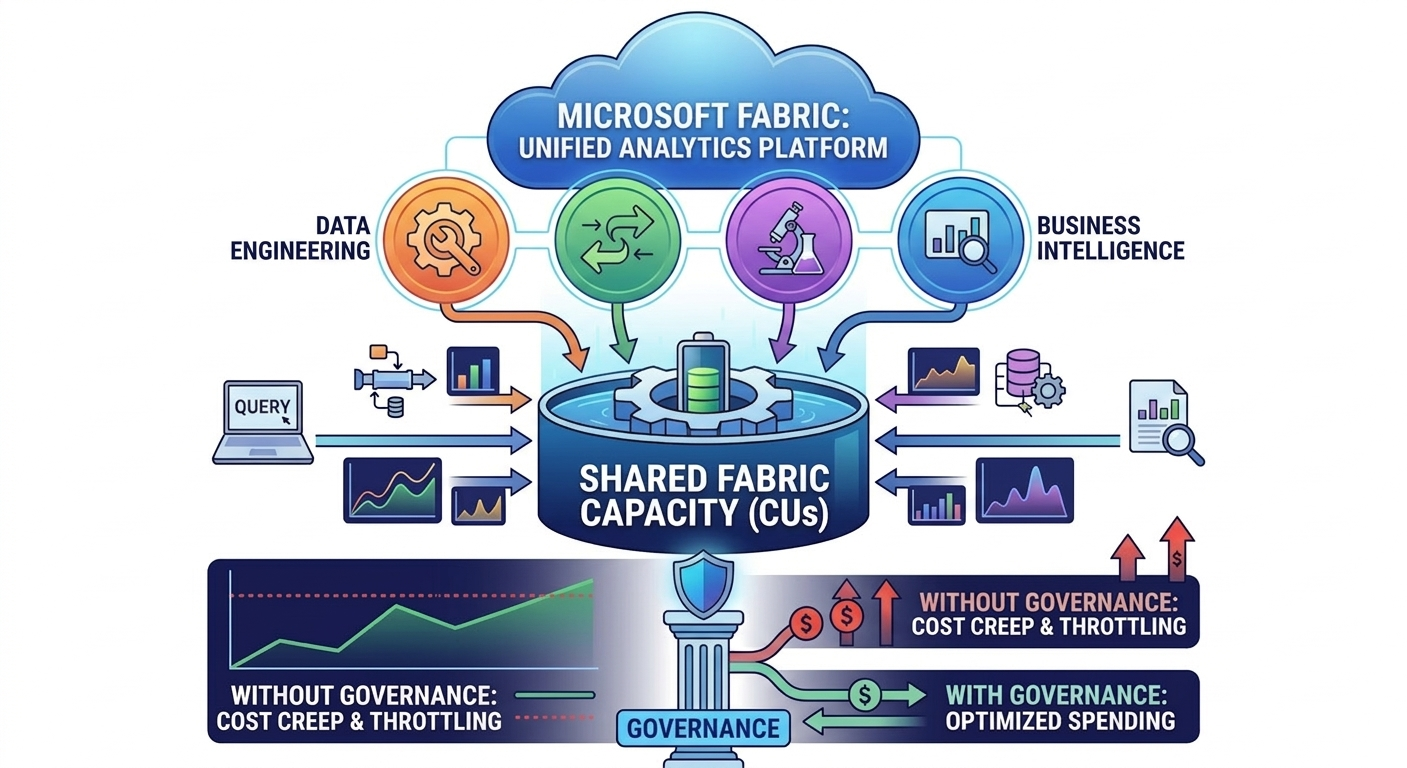 Microsoft Fabric shared capacity model showing governance reducing cost creep and throttling