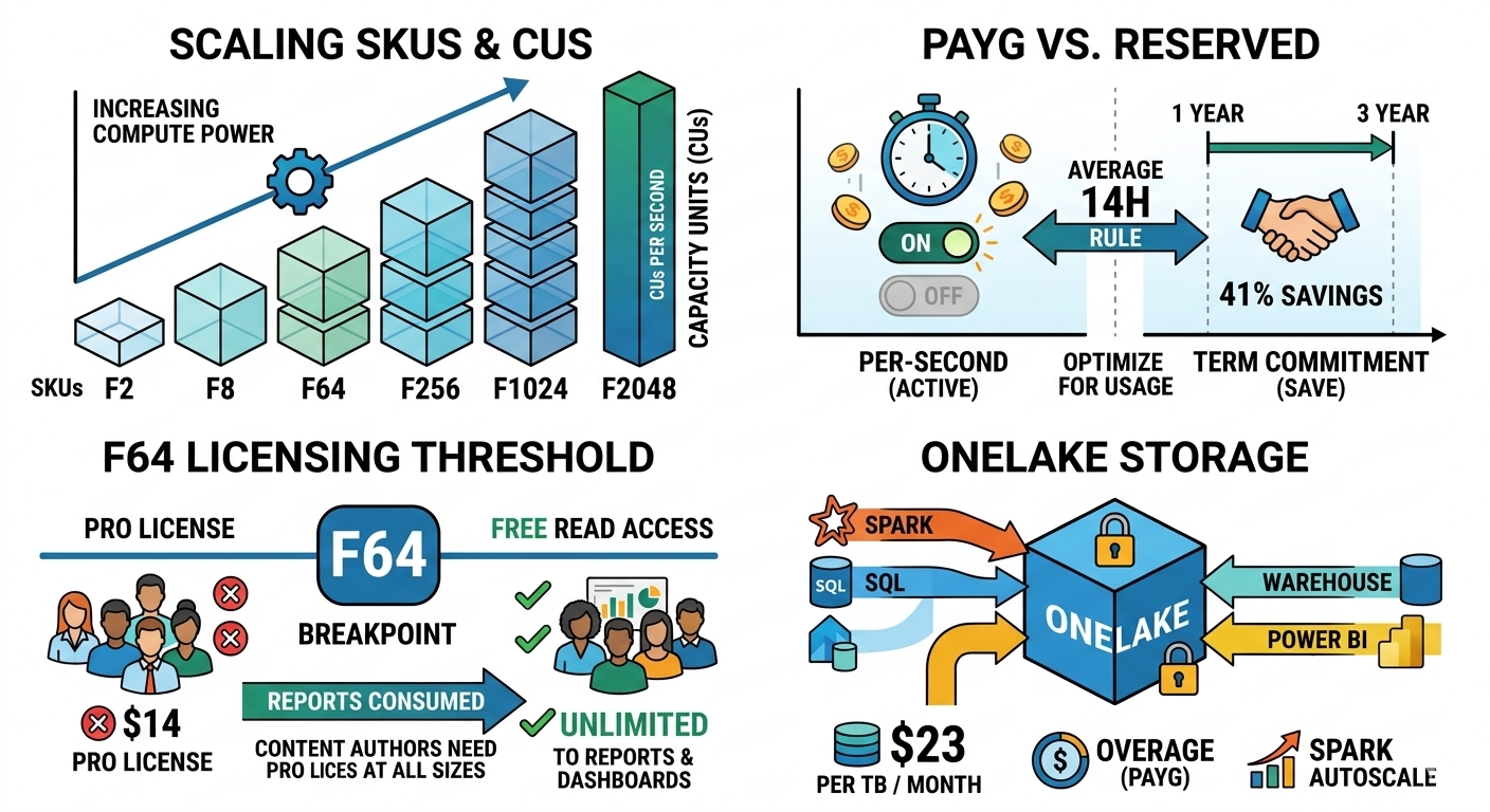 Fabric SKU scaling, pay-as-you-go versus reserved, F64 licensing threshold, and OneLake storage cost model
