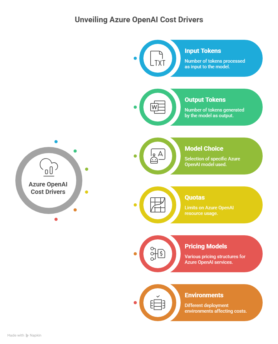 Azure OpenAI cost drivers including input tokens, output tokens, model choice, quotas, pricing models, and environments