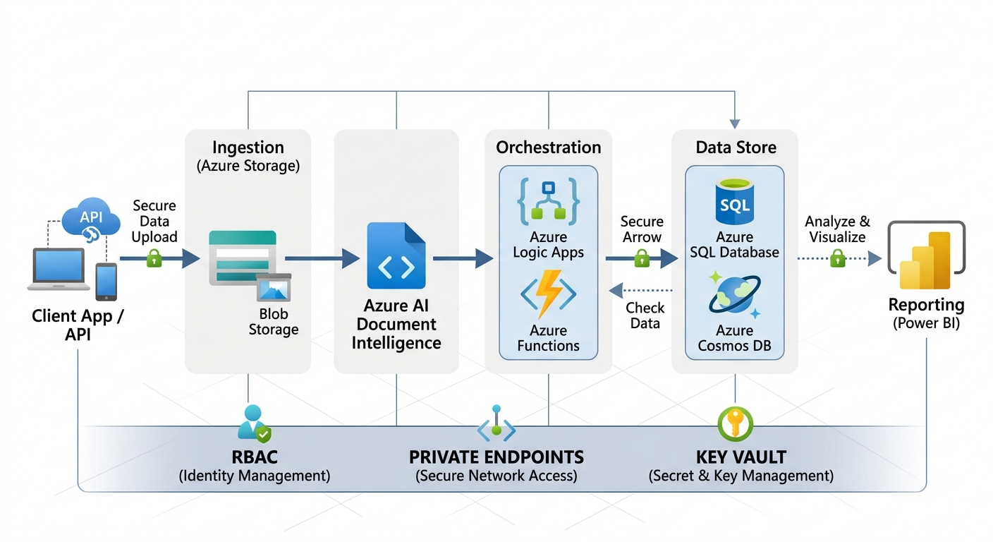 Architecture diagram showing how Azure AI Document Intelligence integrates with Azure Logic Apps, Azure Functions, SQL Database, and Cosmos DB through RBAC, private endpoints, and Key Vault