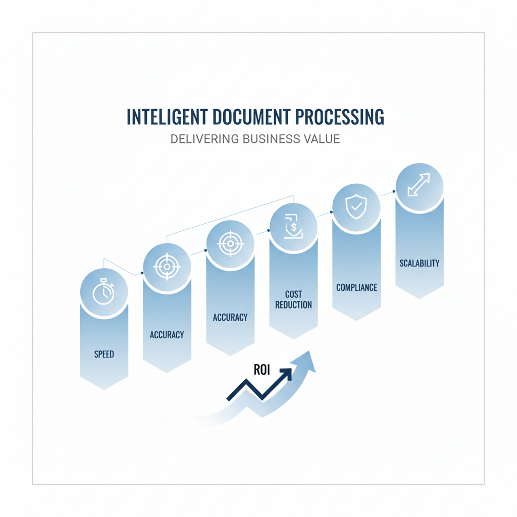 Intelligent document processing business value chart showing ROI impact across speed, accuracy, cost reduction, compliance, and scalability