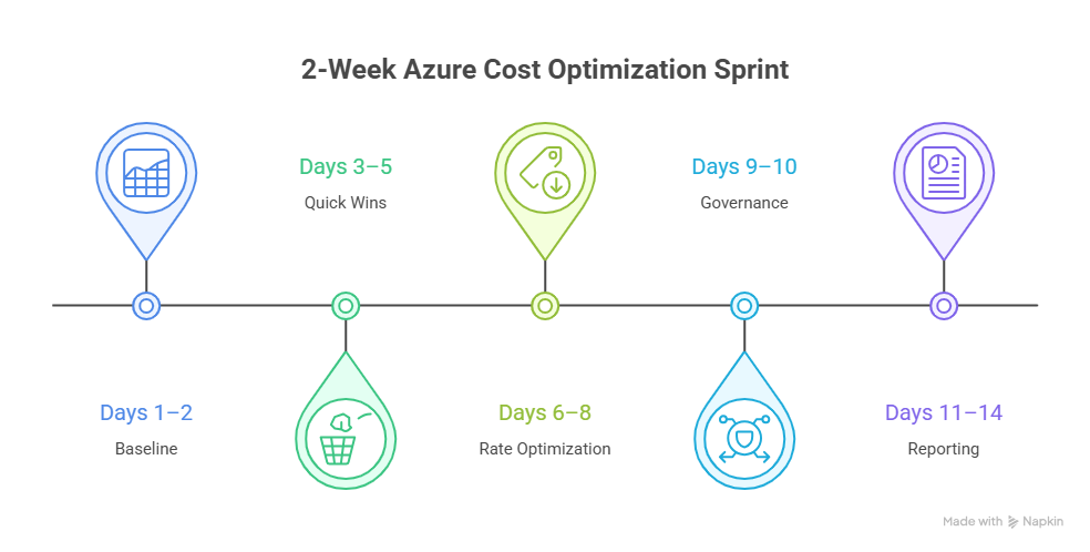 2-week Azure cost optimization sprint timeline showing baseline assessment, quick wins, rate optimization, governance, and reporting phases