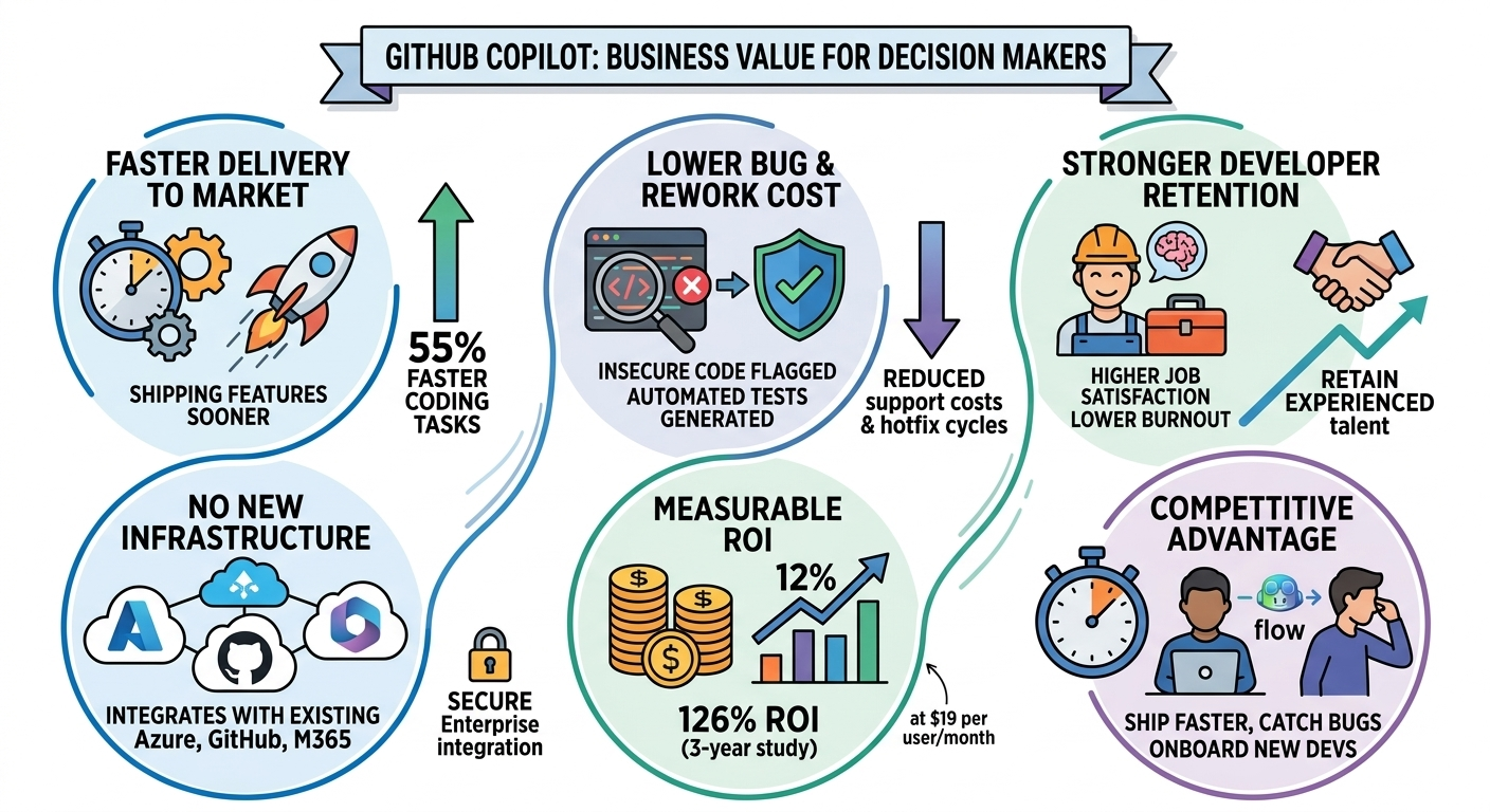 GitHub Copilot business value for decision makers showing faster delivery to market, lower bug and rework costs, stronger developer retention, measurable ROI, no new infrastructure required, and competitive advantage