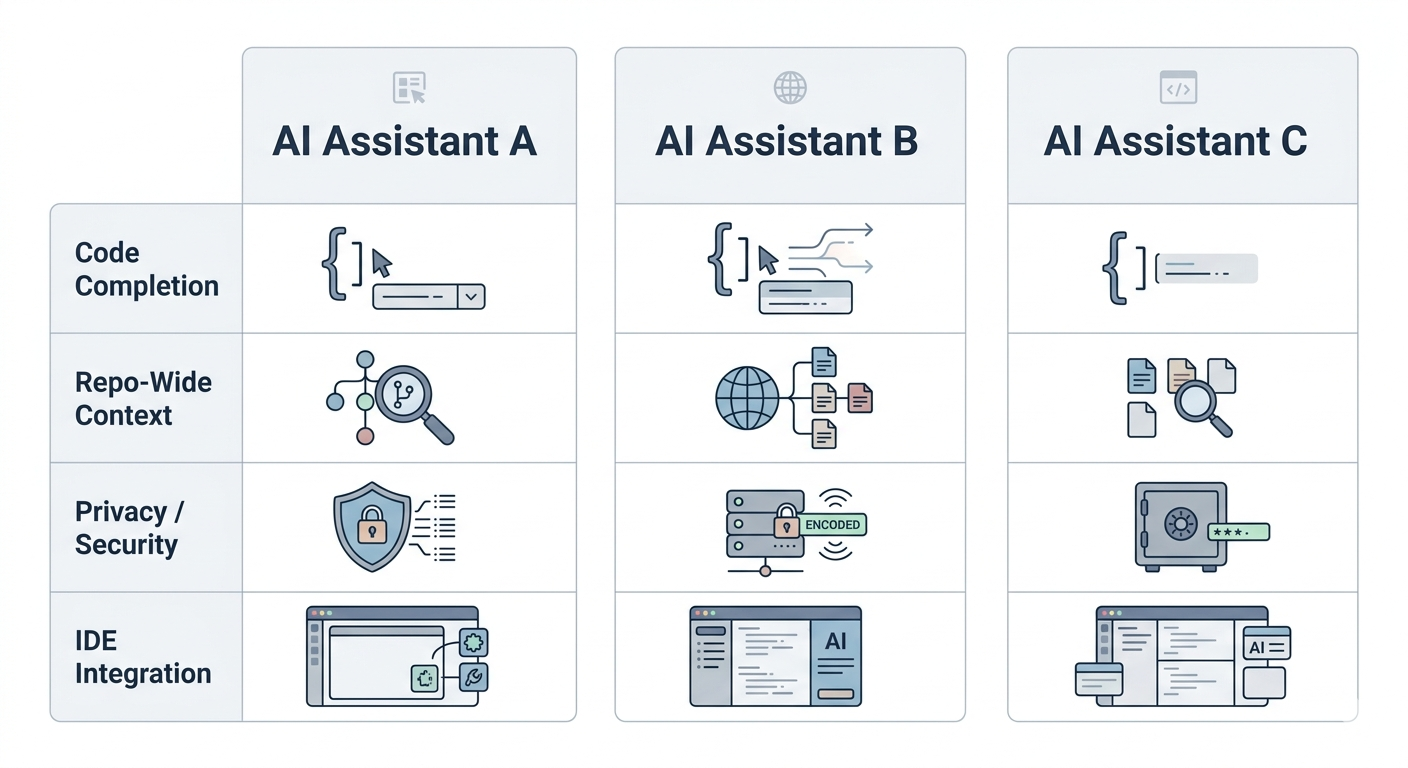 Feature-by-feature comparison of GitHub Copilot, Cursor, and Tabnine showing code completion, repo-wide context, privacy/security, and IDE integration capabilities