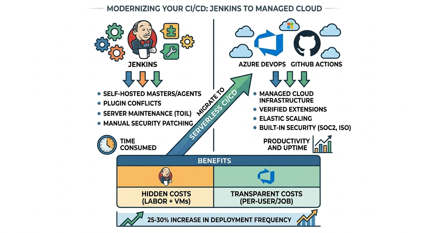 Azure DevOps pipeline key features including managed CI/CD, GitHub actions integration, artifacts, approvals, DevSecOps controls, and self-hosted agents