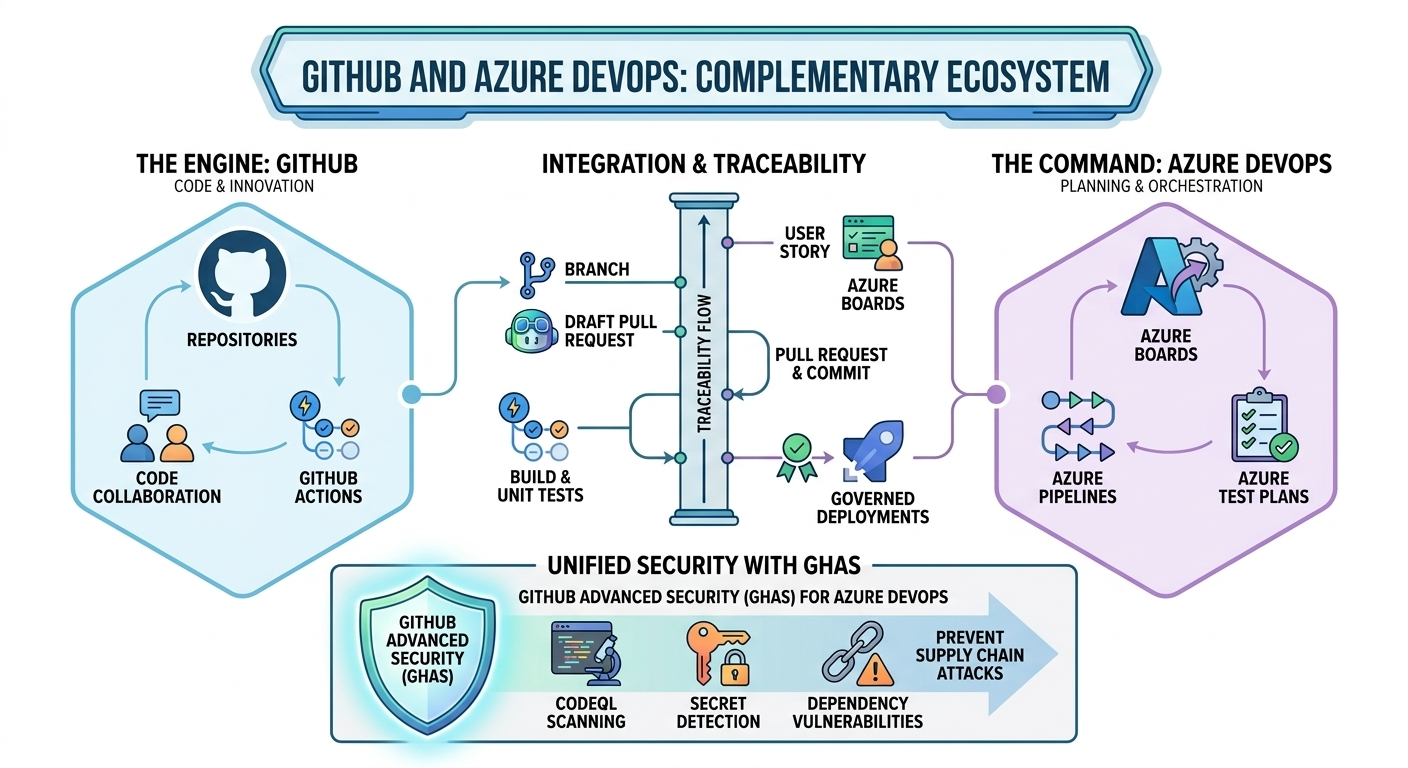 CI/CD architecture overview from source control through CI, artifact/test, release/deploy, and monitor/govern layers