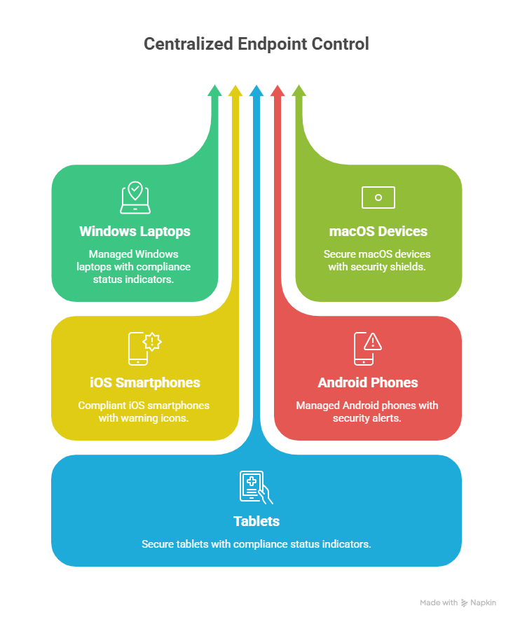 Centralized endpoint control across Windows laptops, macOS devices, iOS smartphones, Android phones, and tablets with unified compliance