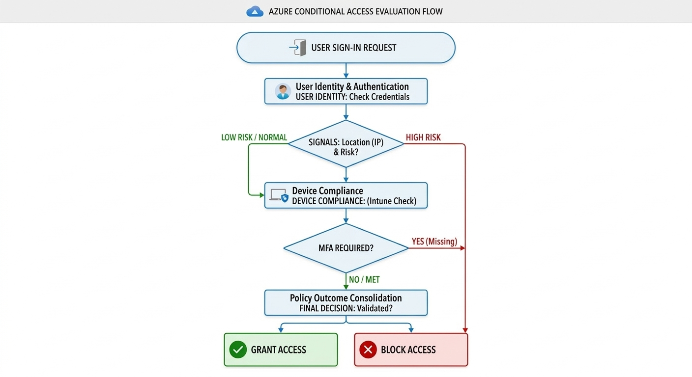 Azure Conditional Access evaluation flow from user sign-in through risk checks, device compliance, MFA requirements, and grant or block access outcomes