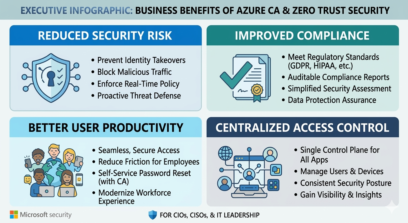 Business benefits of Azure Conditional Access and Zero Trust security highlighting reduced security risk, improved compliance, better user productivity, and centralized access control
