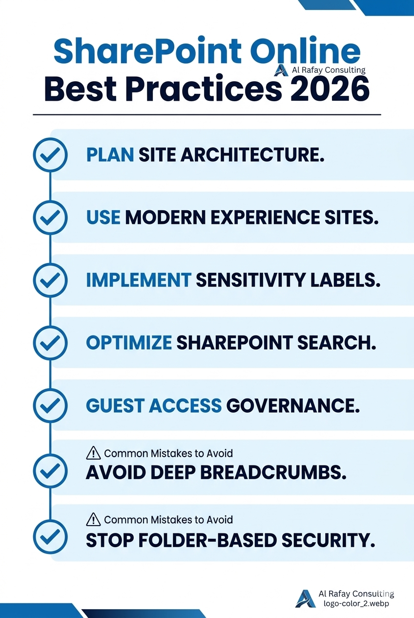 SharePoint Online best practices for 2026: plan site architecture, use modern experience sites, implement sensitivity labels, optimize search, govern guest access, avoid deep breadcrumbs, and stop folder-based security