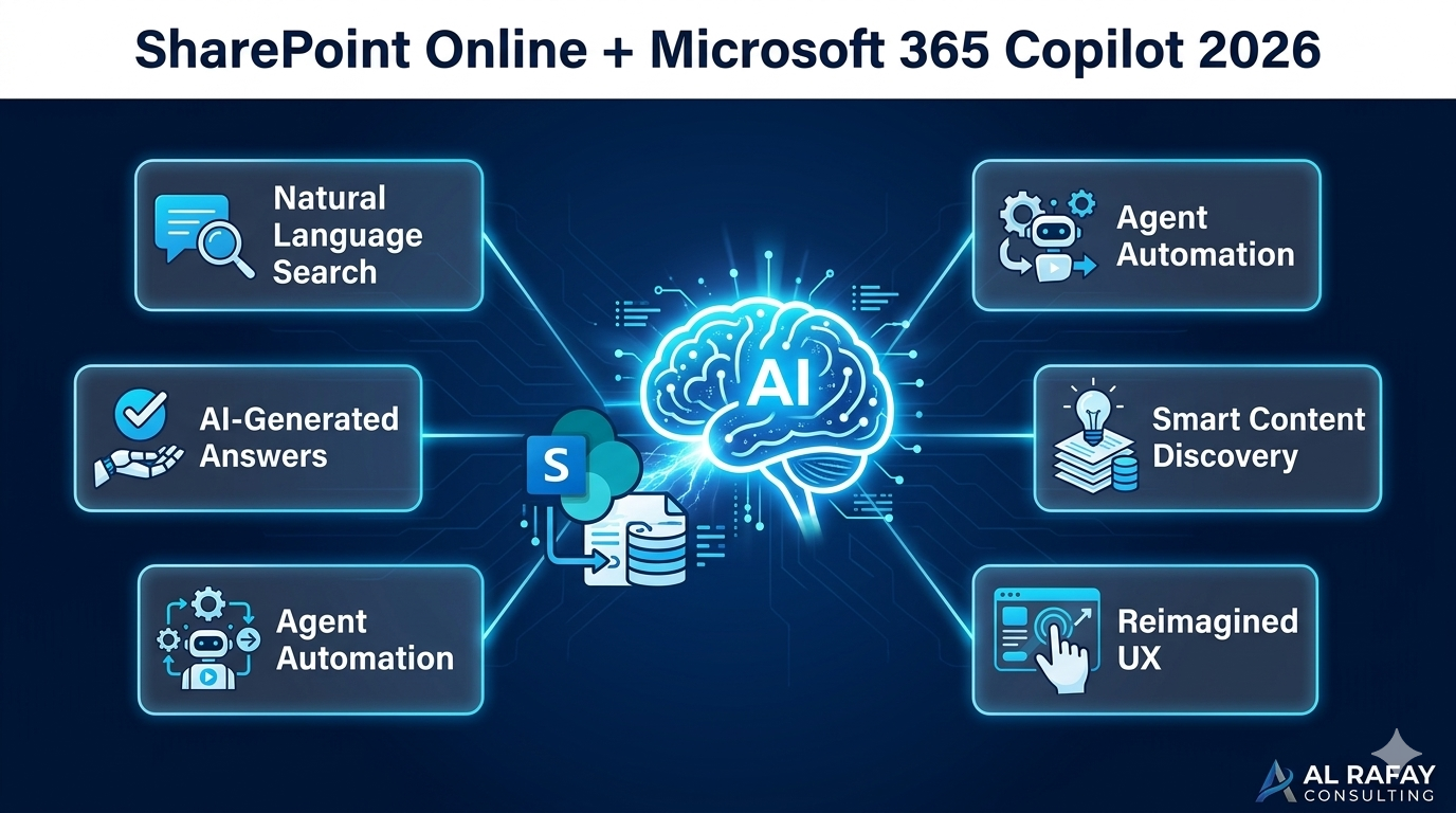 SharePoint Online and Microsoft 365 Copilot in 2026 — natural language search, AI-generated answers, agent automation, smart content discovery, and a reimagined user experience