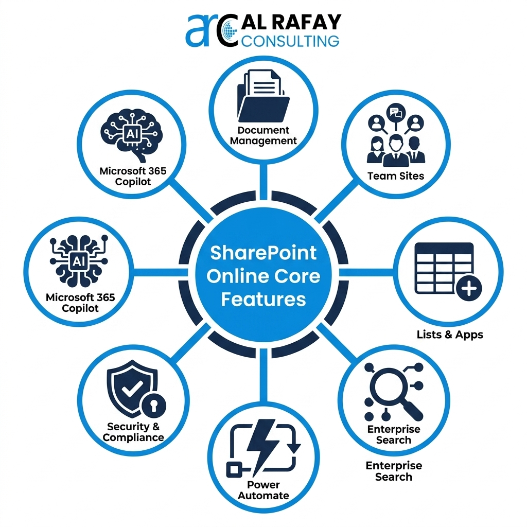 SharePoint Online core features: document management, team sites, lists and apps, enterprise search, Power Automate workflows, security and compliance, and Microsoft 365 Copilot