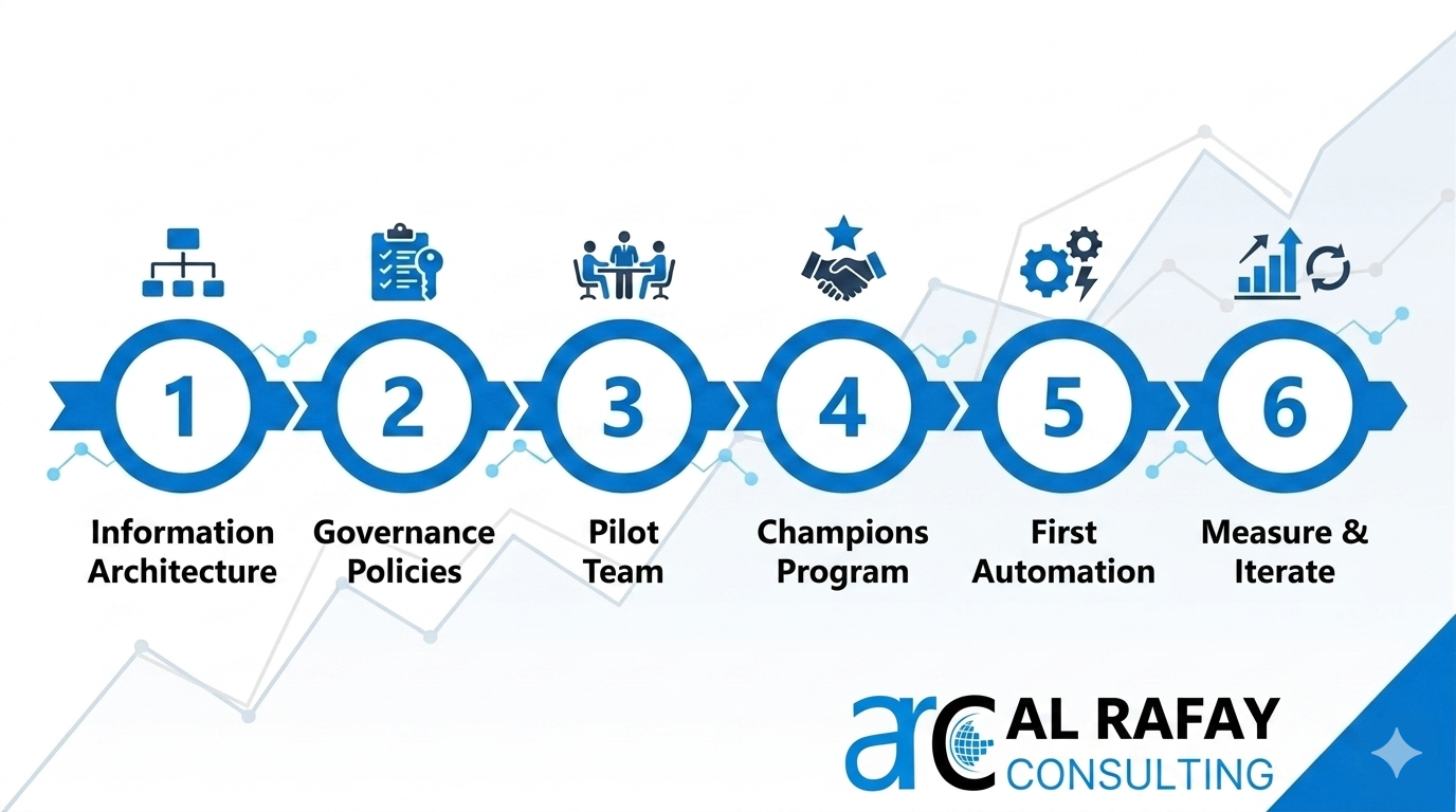 SharePoint Online implementation roadmap: define information architecture, set governance policies, pilot with a team, build a champions program, automate a first process, then measure and iterate