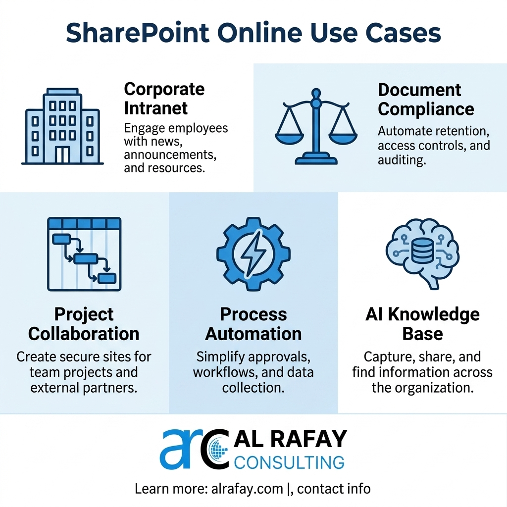 SharePoint Online real-world use cases: corporate intranet, document compliance, project collaboration, process automation, and AI knowledge base