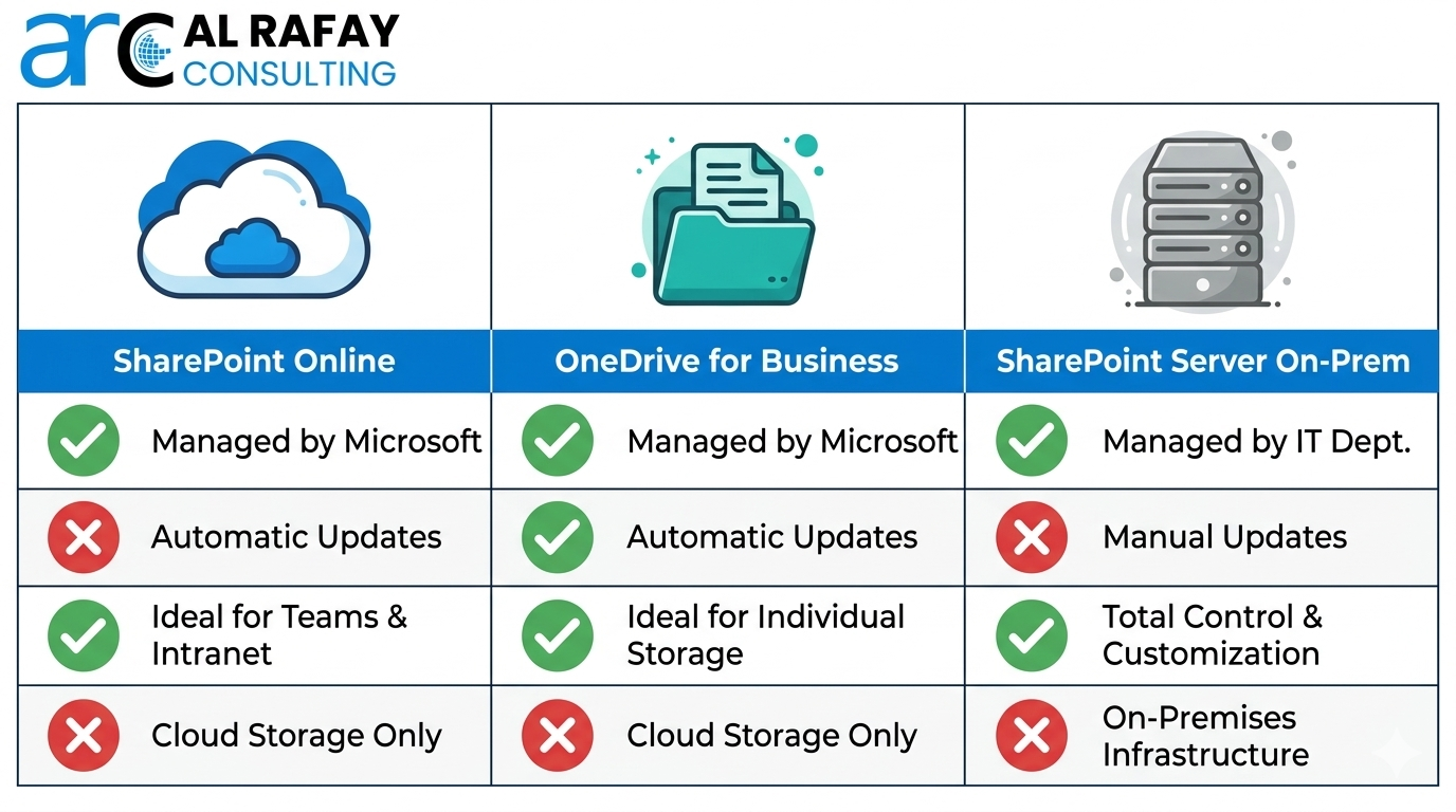 Comparison of SharePoint Online vs OneDrive for Business vs SharePoint Server on-premises across access, governance, and use cases