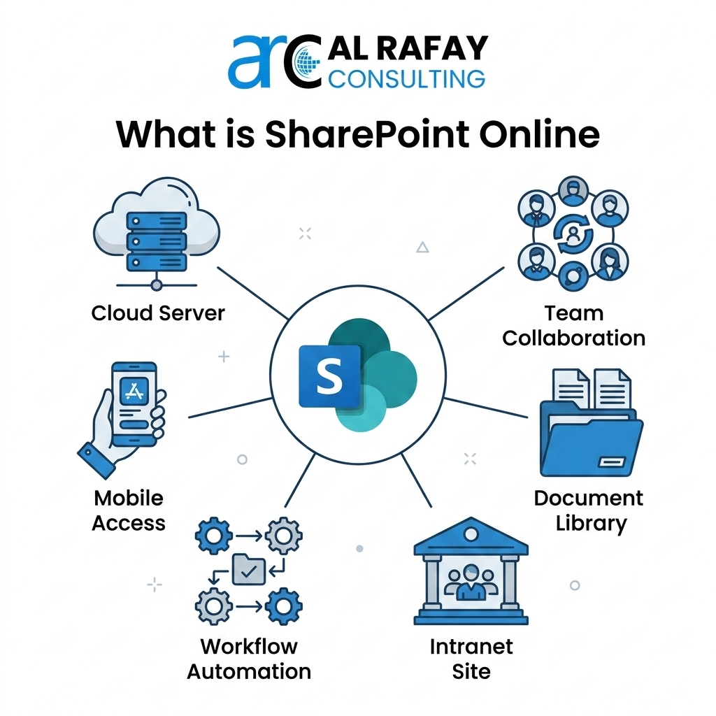What is SharePoint Online — a central hub connecting cloud server, team collaboration, mobile access, document library, workflow automation, and intranet sites