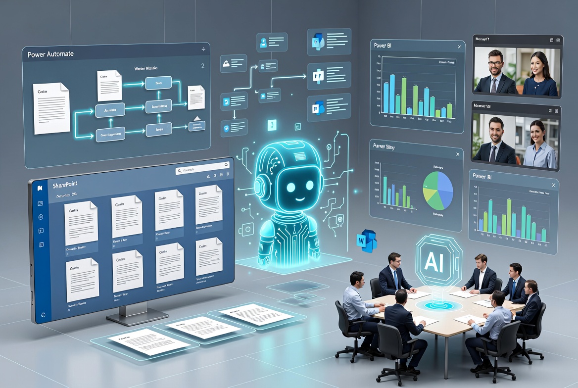 Microsoft-native AI contract management architecture with SharePoint, Power Automate, analytics, and human-in-the-loop governance