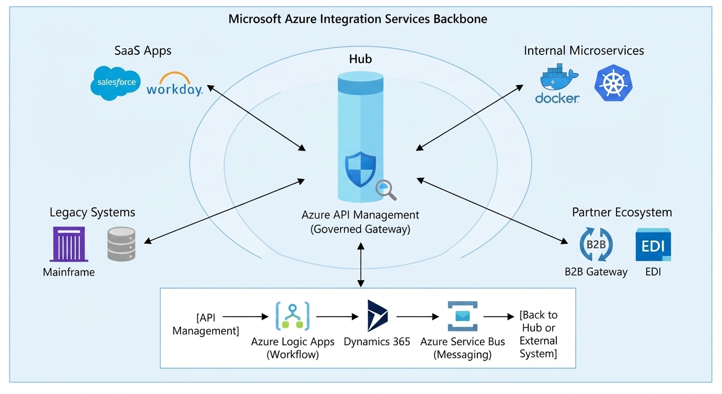 Microsoft Azure Integration Services backbone connecting SaaS apps, microservices, legacy systems, and partner ecosystems through Azure API Management
