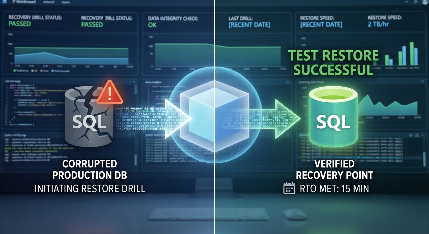 Split-screen recovery drill visual showing corrupted SQL database restored to a verified recovery point