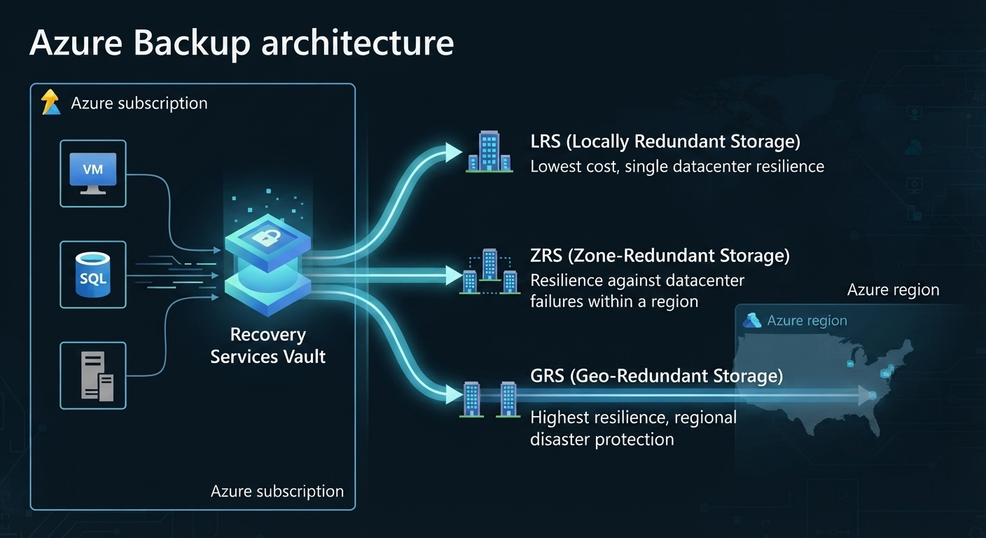 Azure Backup architecture showing Recovery Services Vault with LRS, ZRS, and GRS redundancy options