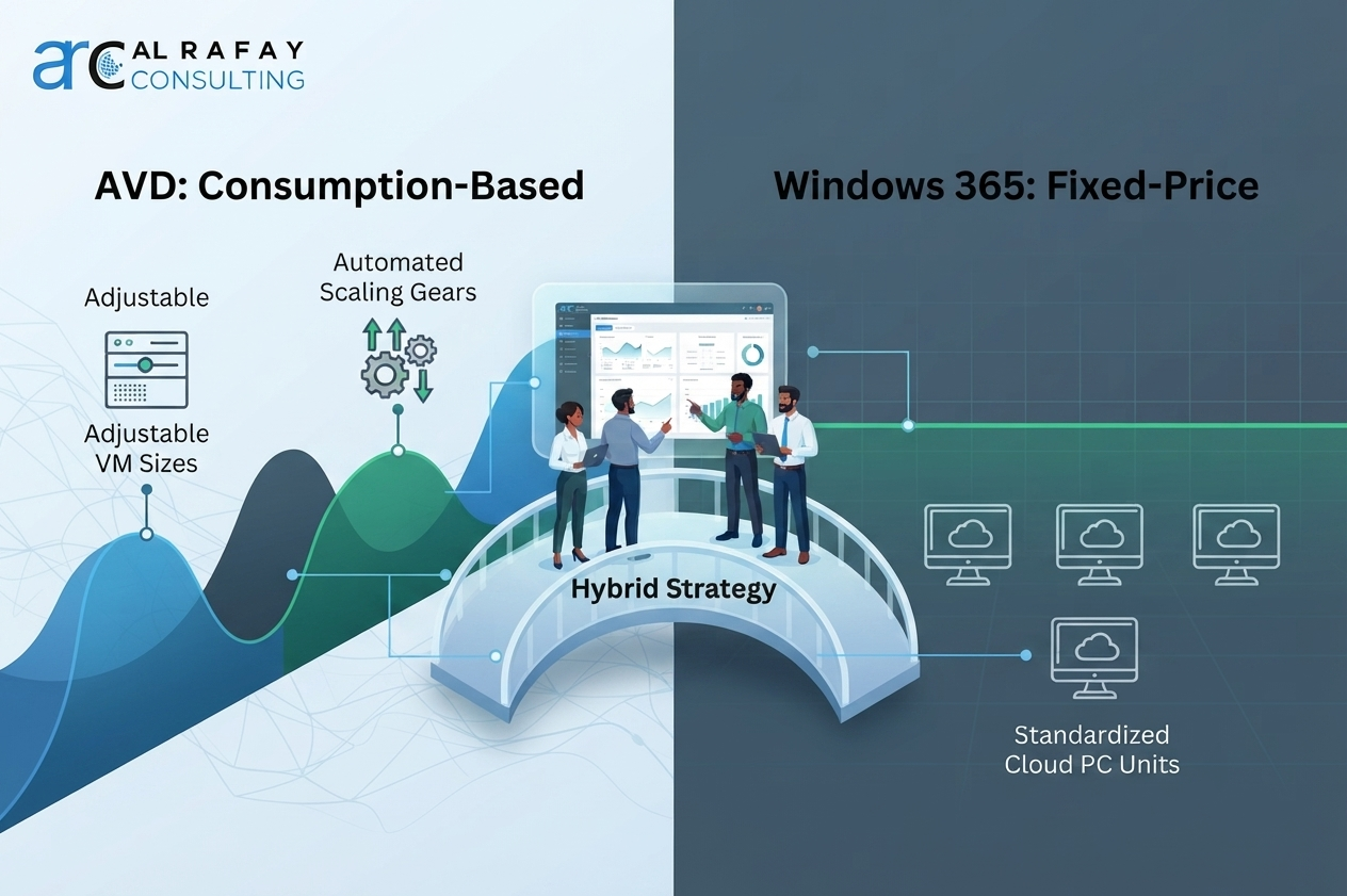 Comparison of Azure Virtual Desktop consumption pricing and Windows 365 fixed pricing